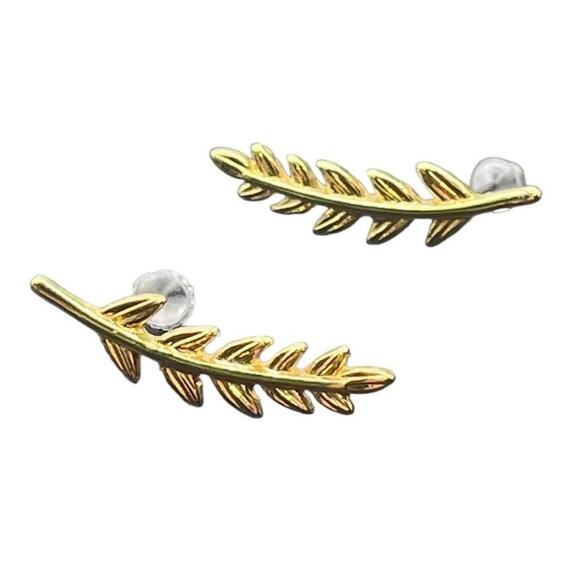 J. Crew Gold Tone Leaf Stud Golden Leaf Crawler Gold Tone Minimal Earrings - Picture 2 of 14